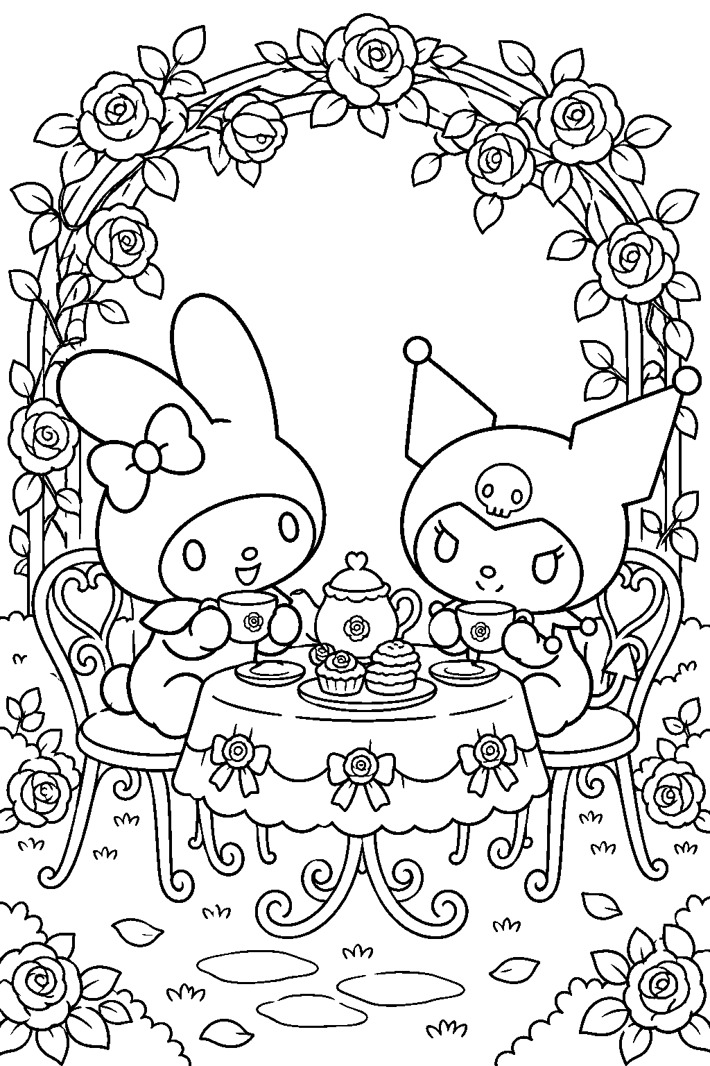 my melody having a tea party with kuromi under a rose arbor line art
