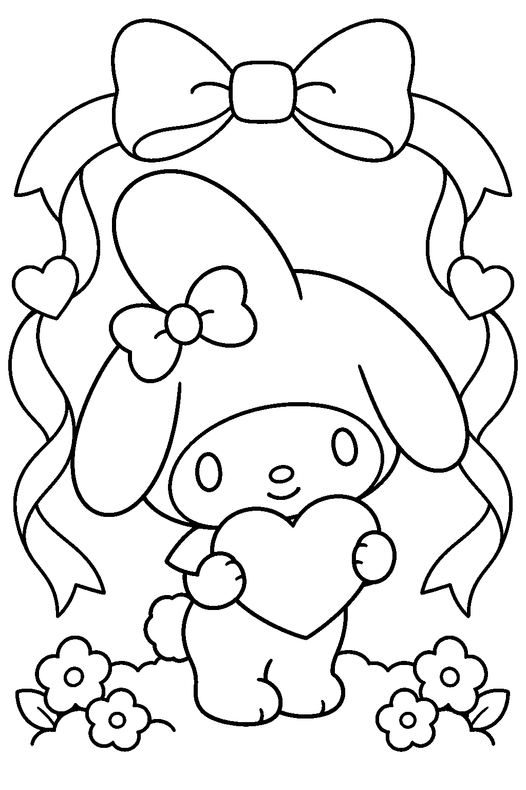 my melody holding a heart beneath a ribbon arch line art