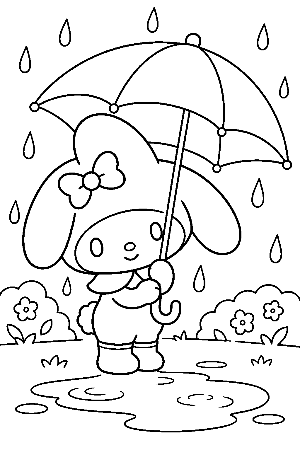 my melody holding an umbrella beside a puddle in the rain line art