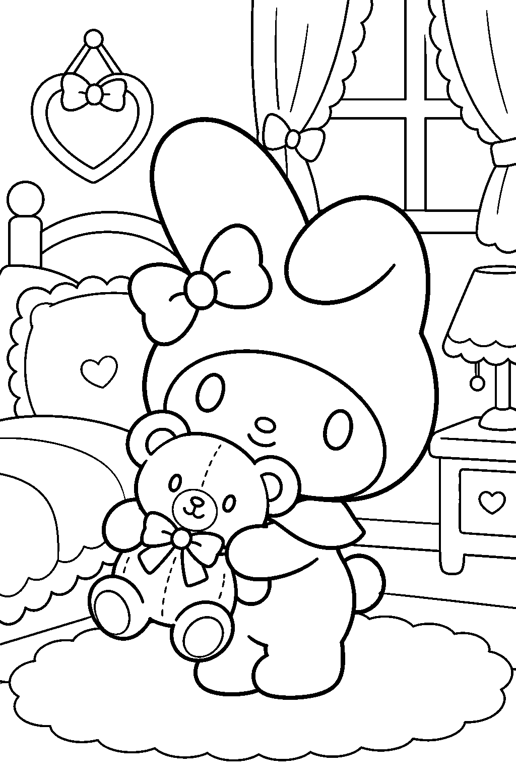 my melody hugging a teddy bear in her bedroom line art