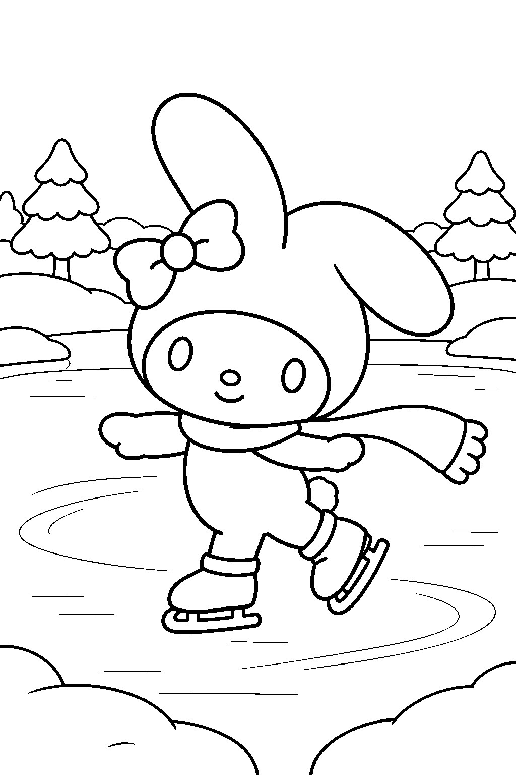 my melody ice skating on a frozen pond line art