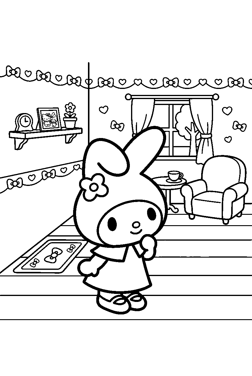 my melody looking around in hello kitty house line art