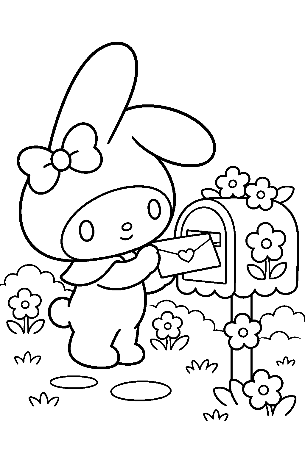 my melody mailing a letter in a flower covered mailbox line art