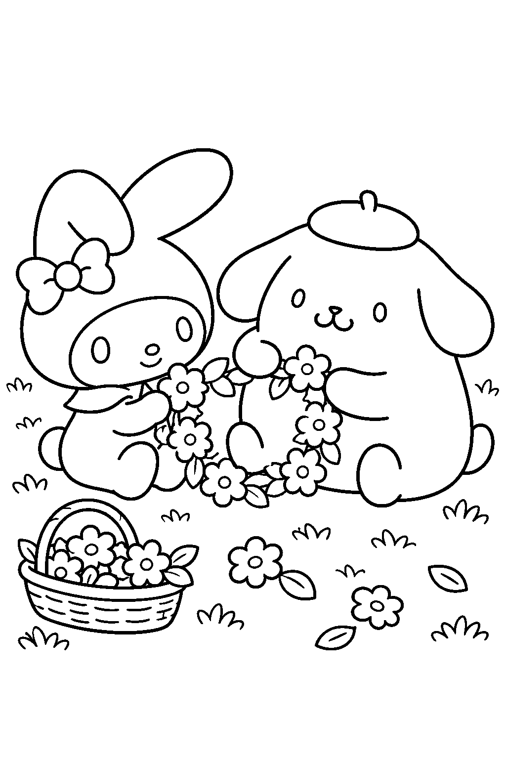 my melody making a flower wreath with pompompurin line art