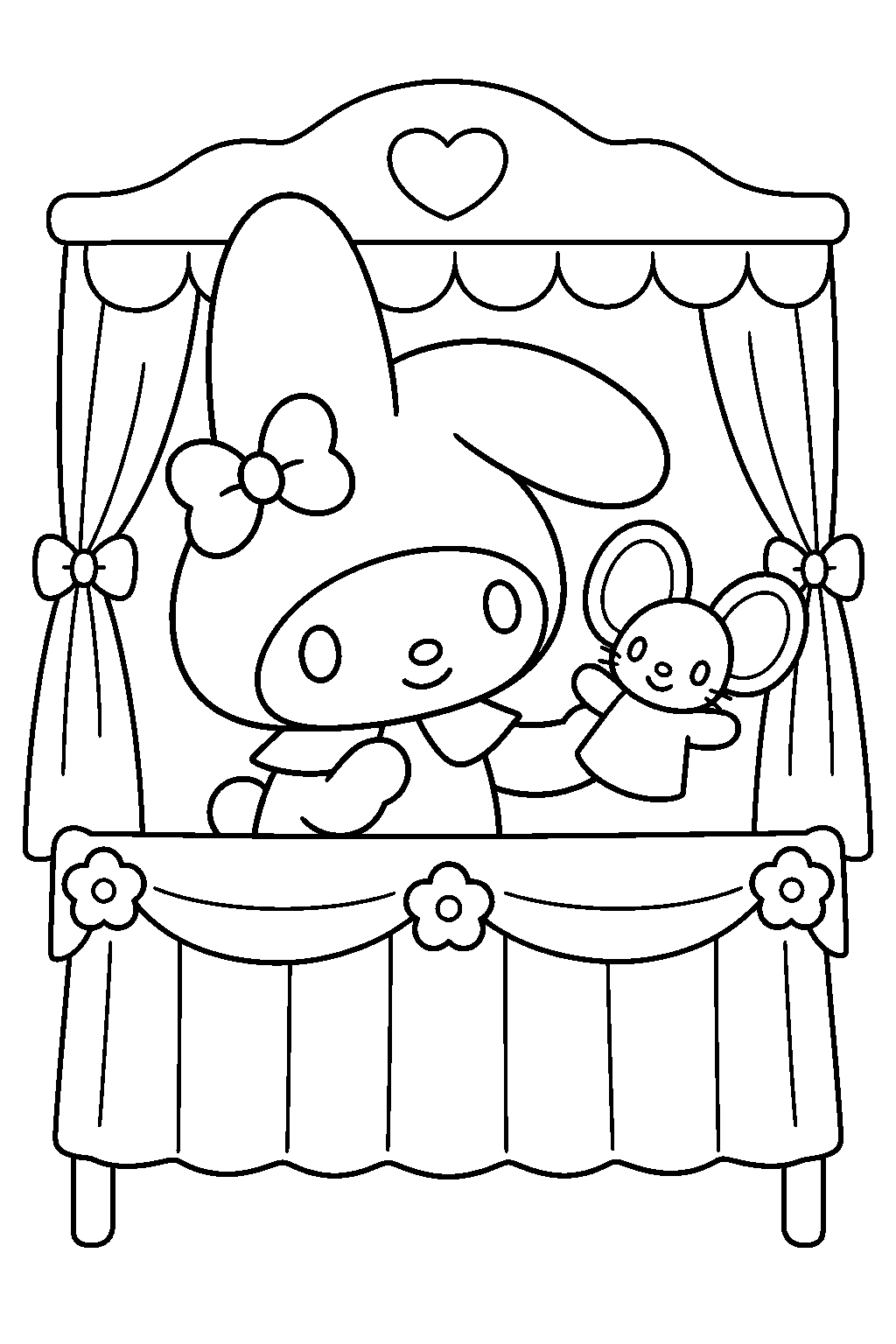 my melody performing a puppet show with a mouse puppet line art