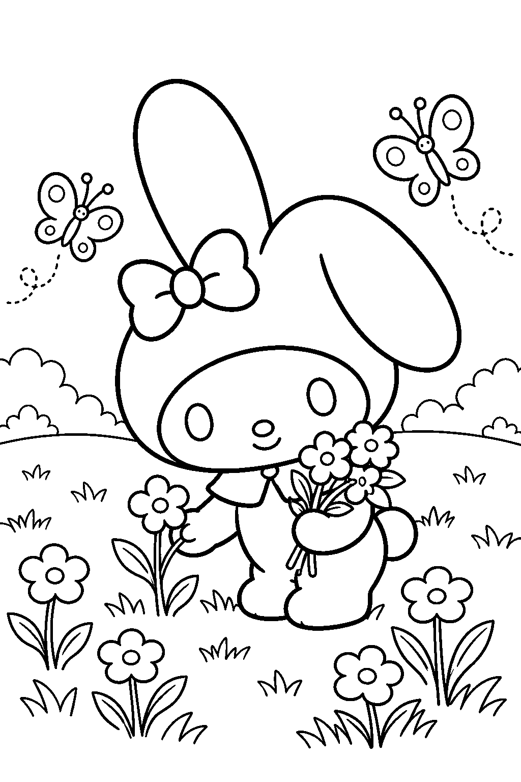 my melody picking flowers in a meadow with butterflies line art