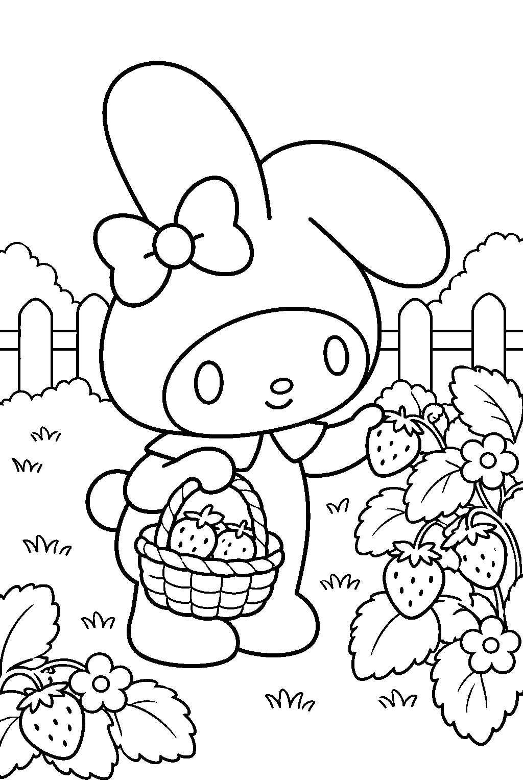 my melody picking strawberries into a basket in a garden line art