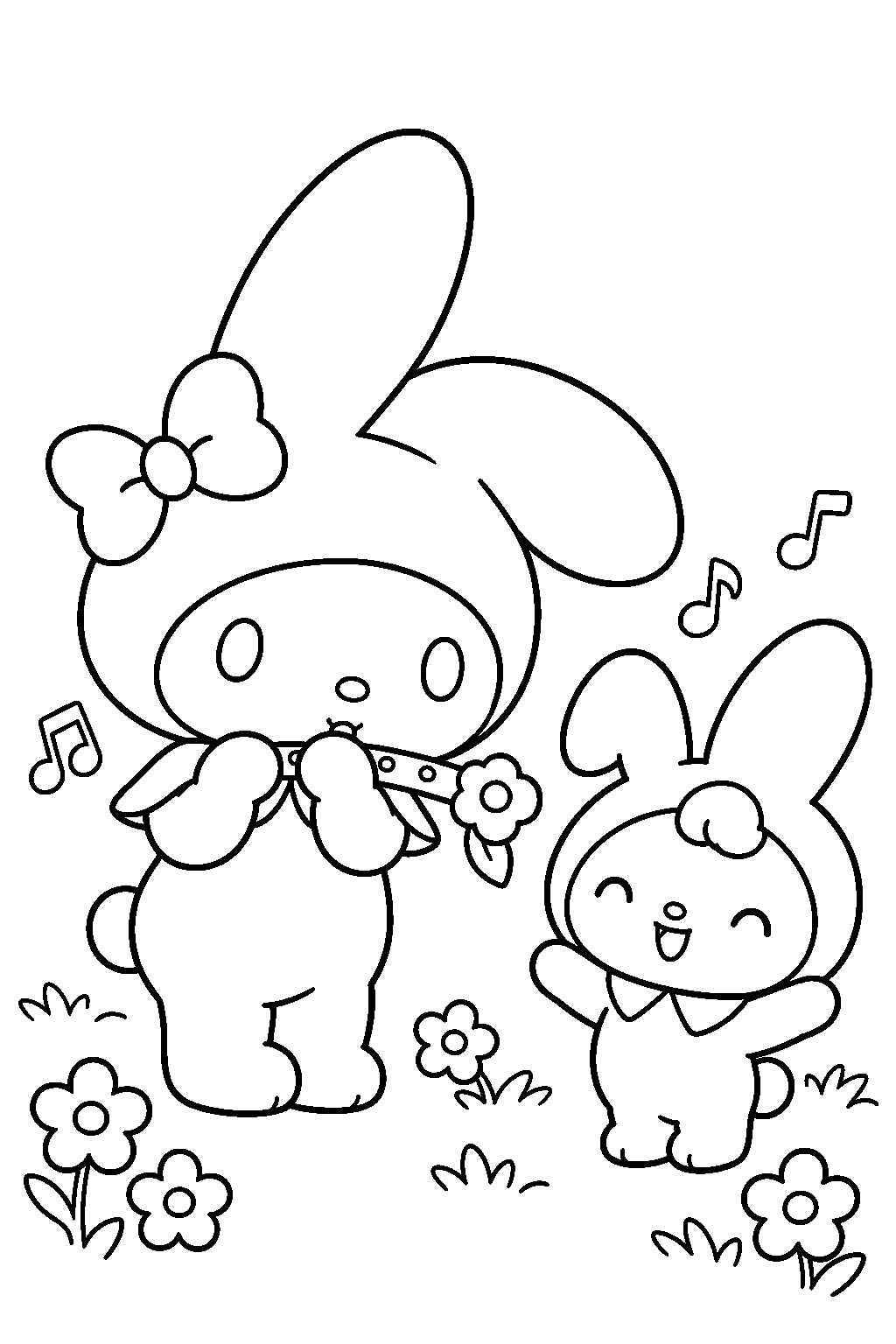 my melody playing a flower flute while her brother rhythm sings line art