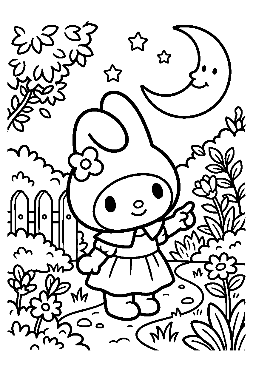 my melody pointing in moonlit garden line art