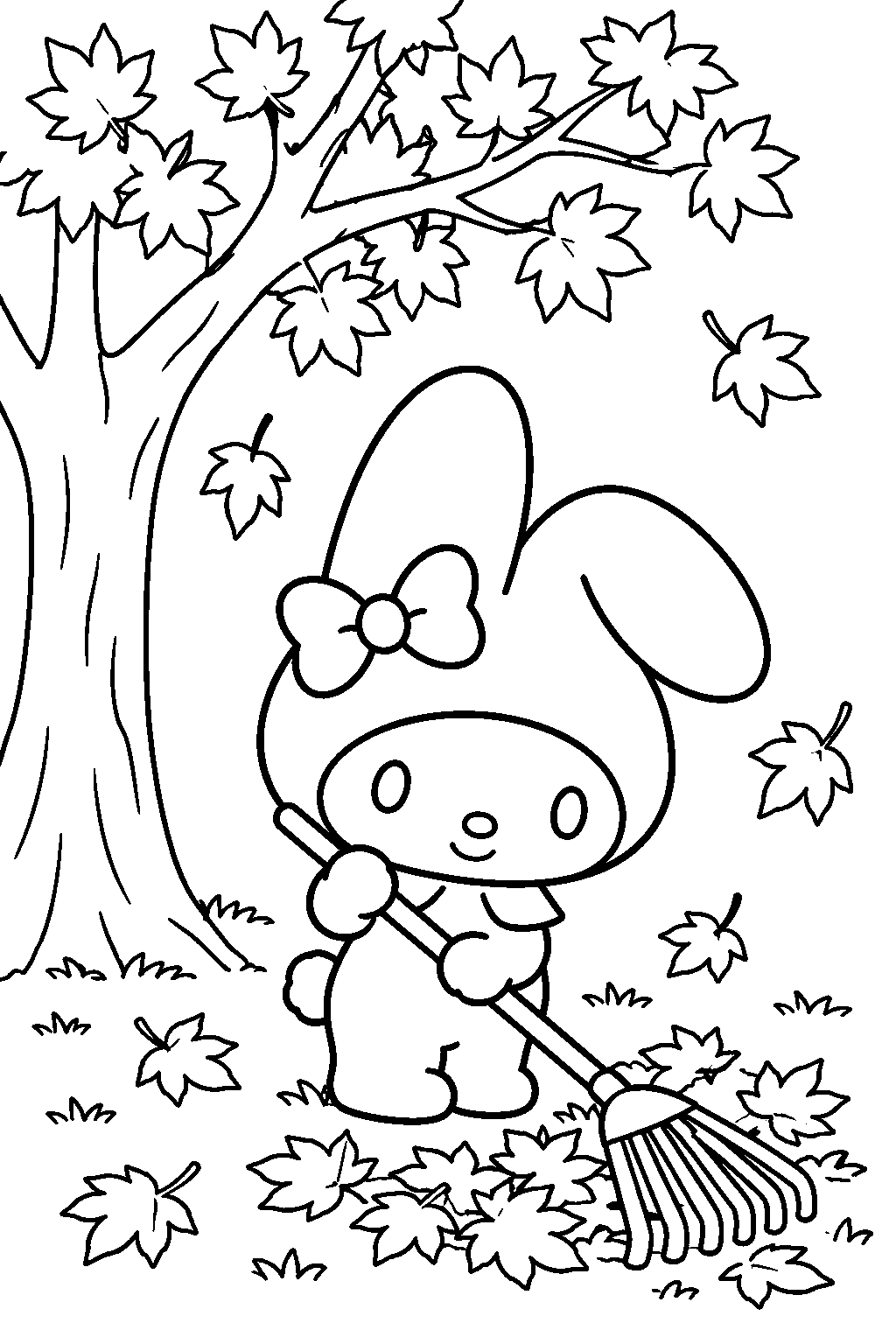 my melody raking autumn leaves beside a maple tree line art