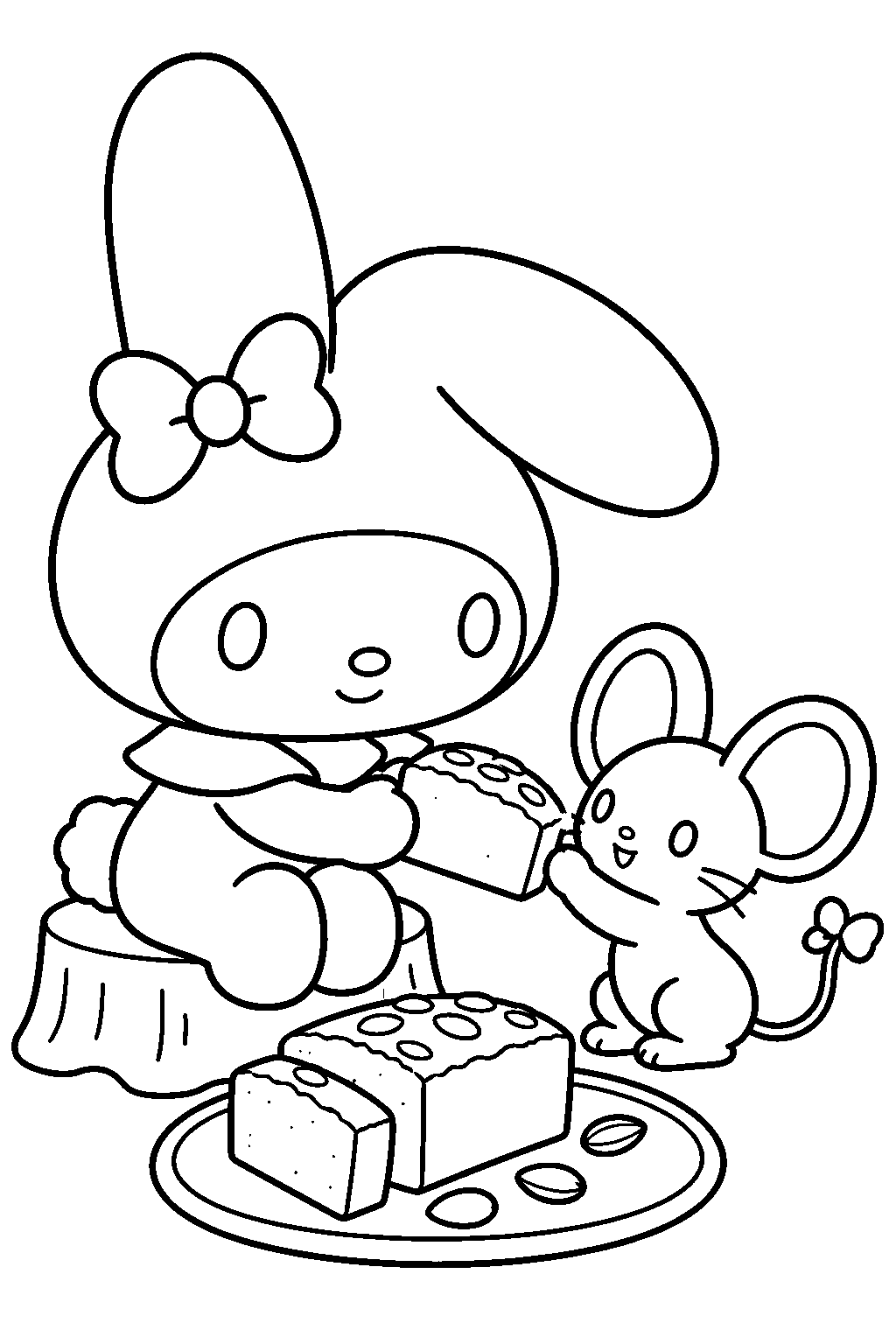 my melody sharing almond pound cake with flat the mouse line art