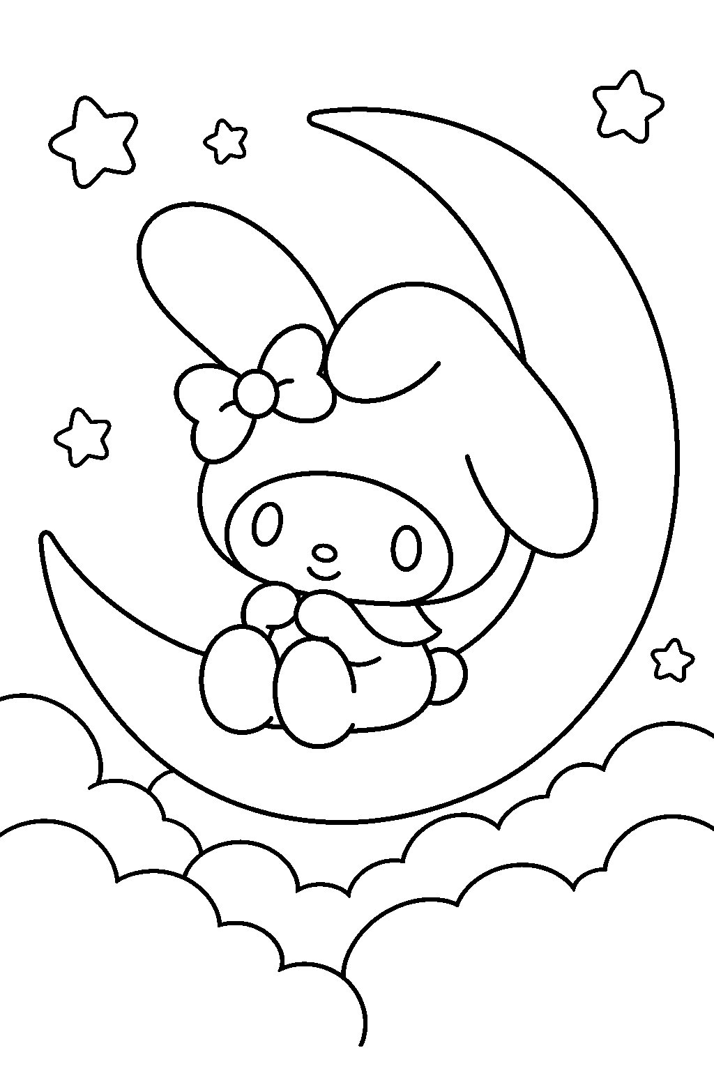 my melody sitting on a crescent moon above fluffy clouds line art