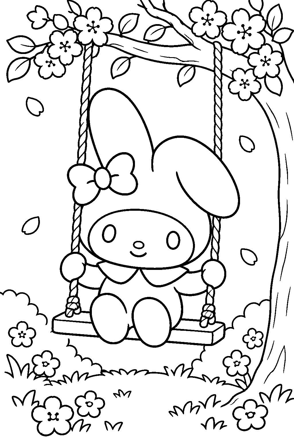 my melody sitting on a garden swing beneath a flowering tree line art