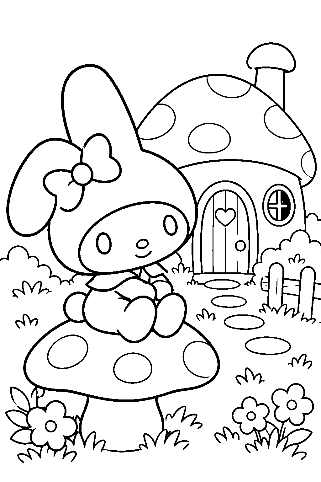my melody sitting on a mushroom outside her woodland cottage line art