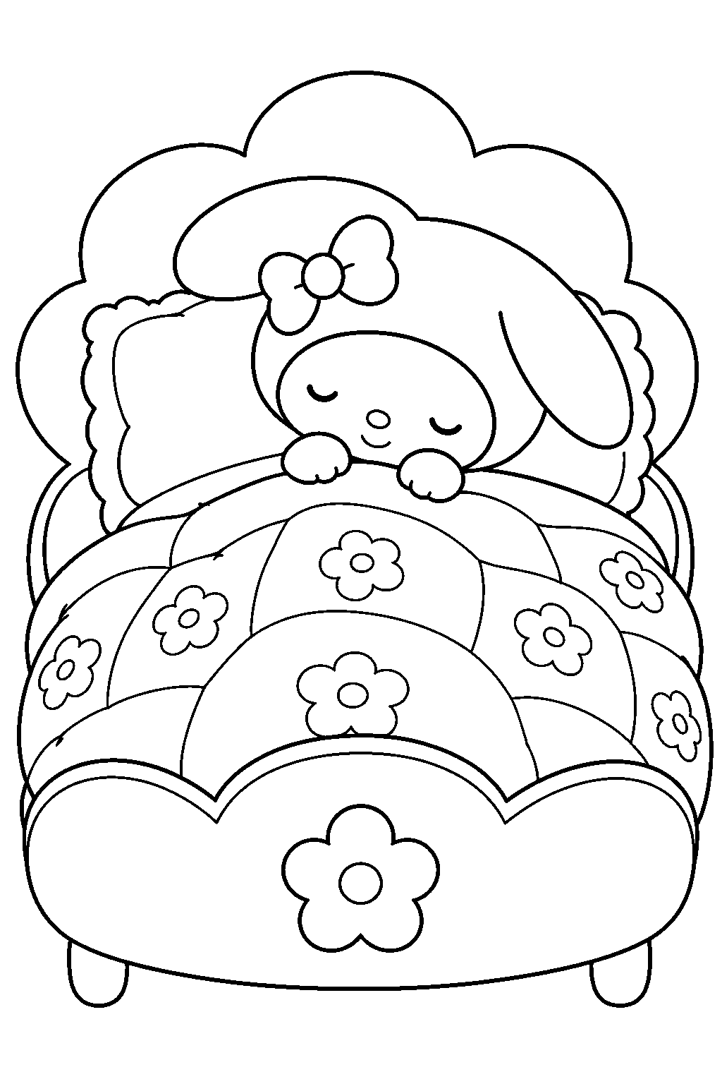 my melody sleeping under a quilt in a flower shaped bed line art