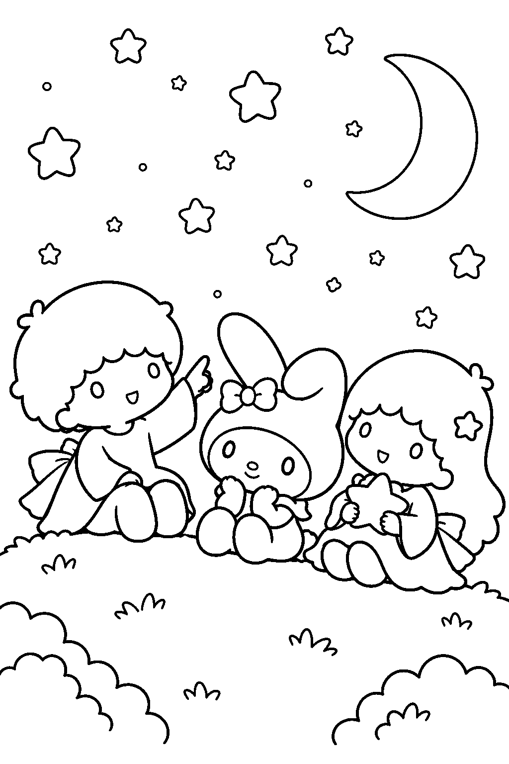 my melody stargazing with kiki and lala on a hill line art