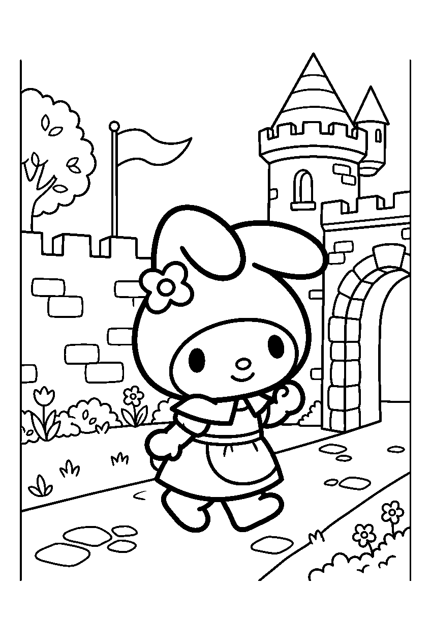 my melody walking in castle courtyard line art
