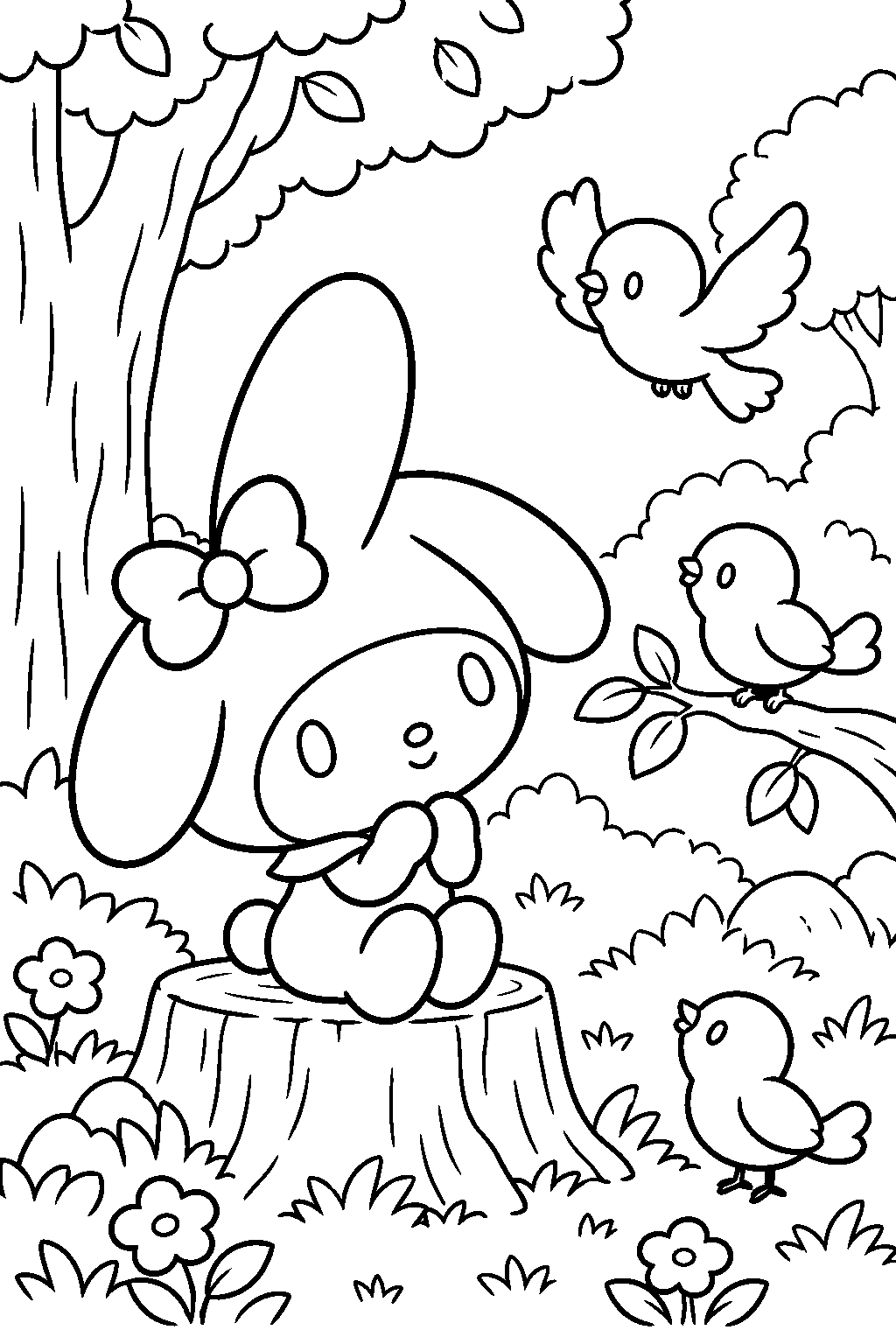 my melody watching birds in a forest clearing line art
