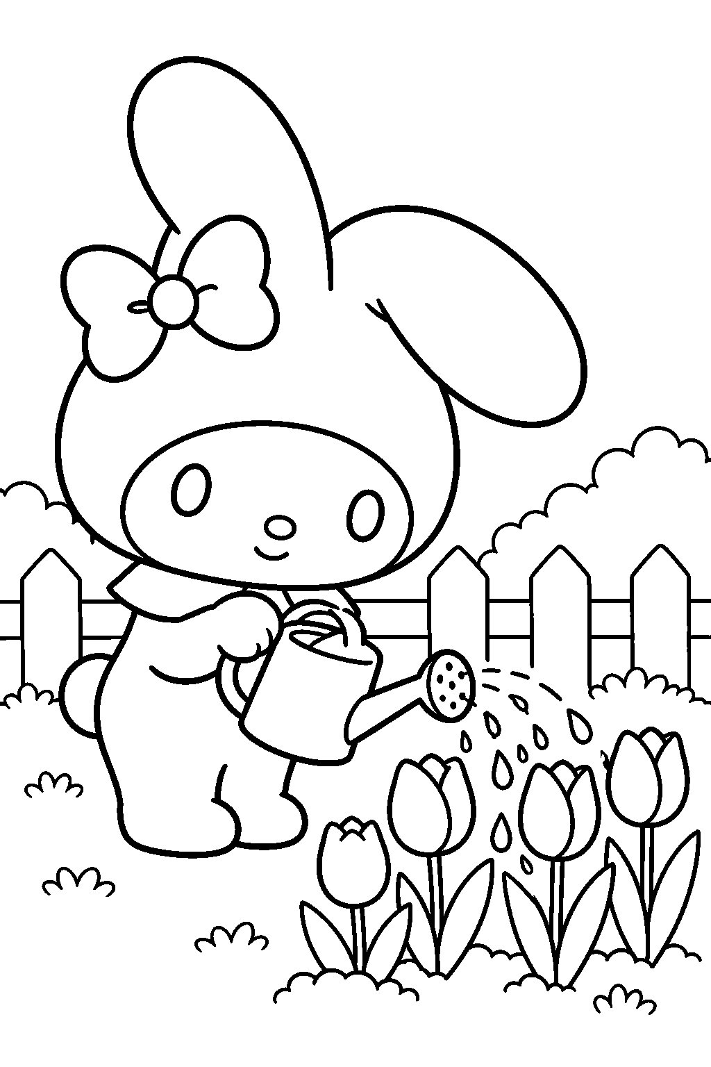my melody watering tulips with a watering can line art