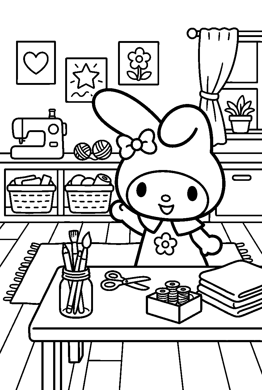 my melody waving in craft room line art