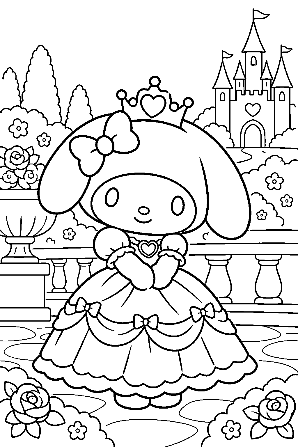 my melody wearing a princess gown and crown in a castle garden line art