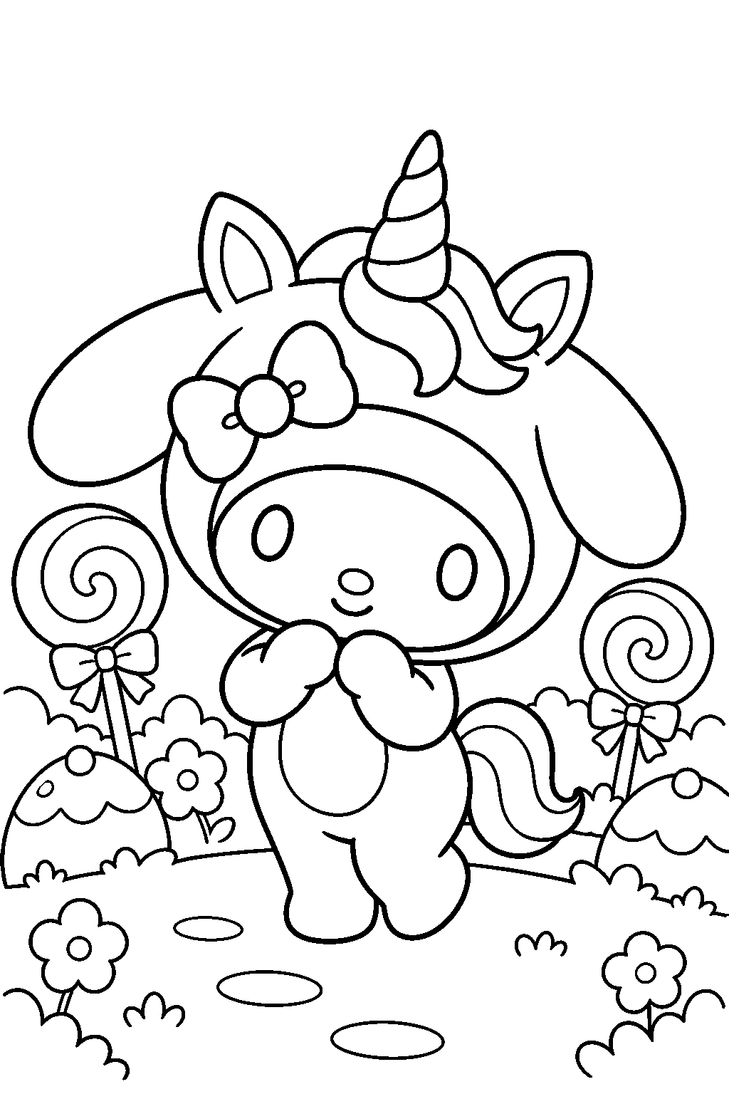 my melody wearing a unicorn costume in a candy garden line art