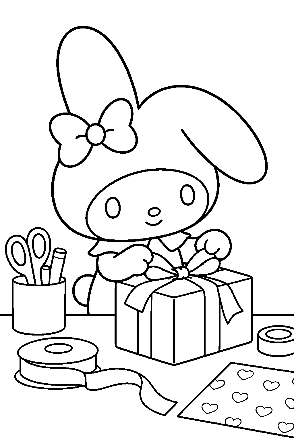 my melody wrapping a present with ribbon at a craft table line art