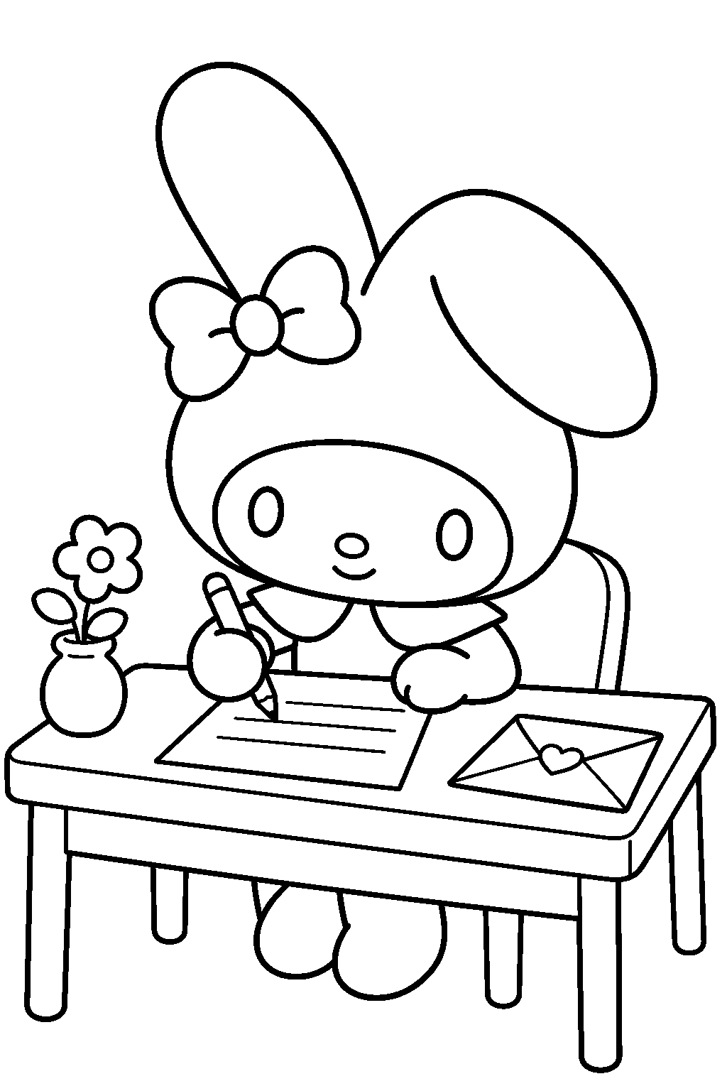 my melody writing a letter at a desk beside an envelope line art
