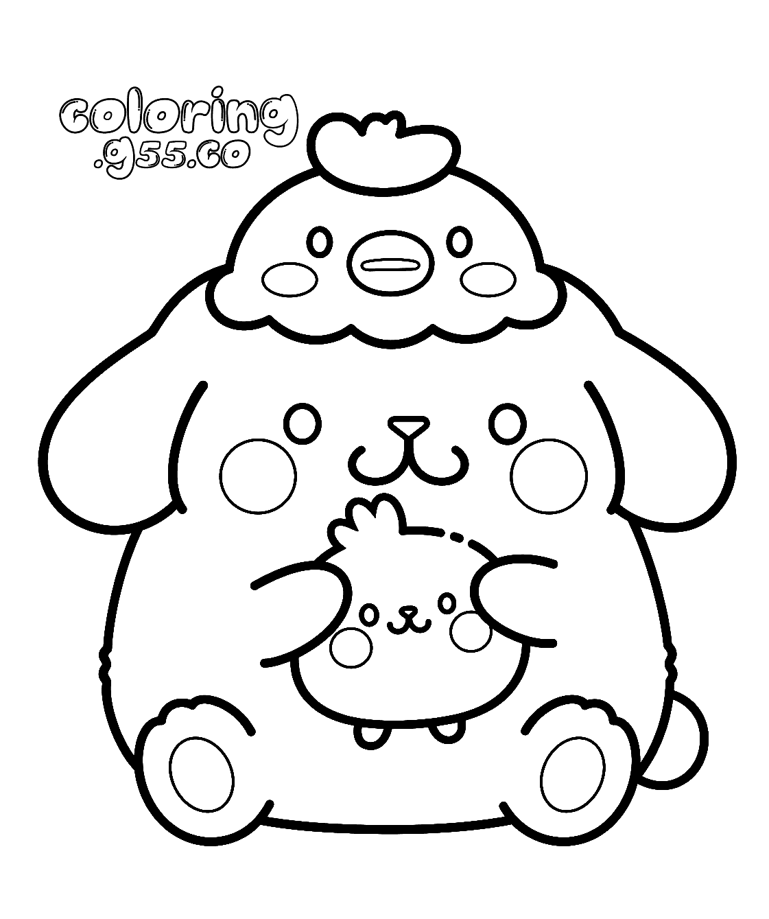 hello kitty friends pompompurin chick hat holding bird line art for kids