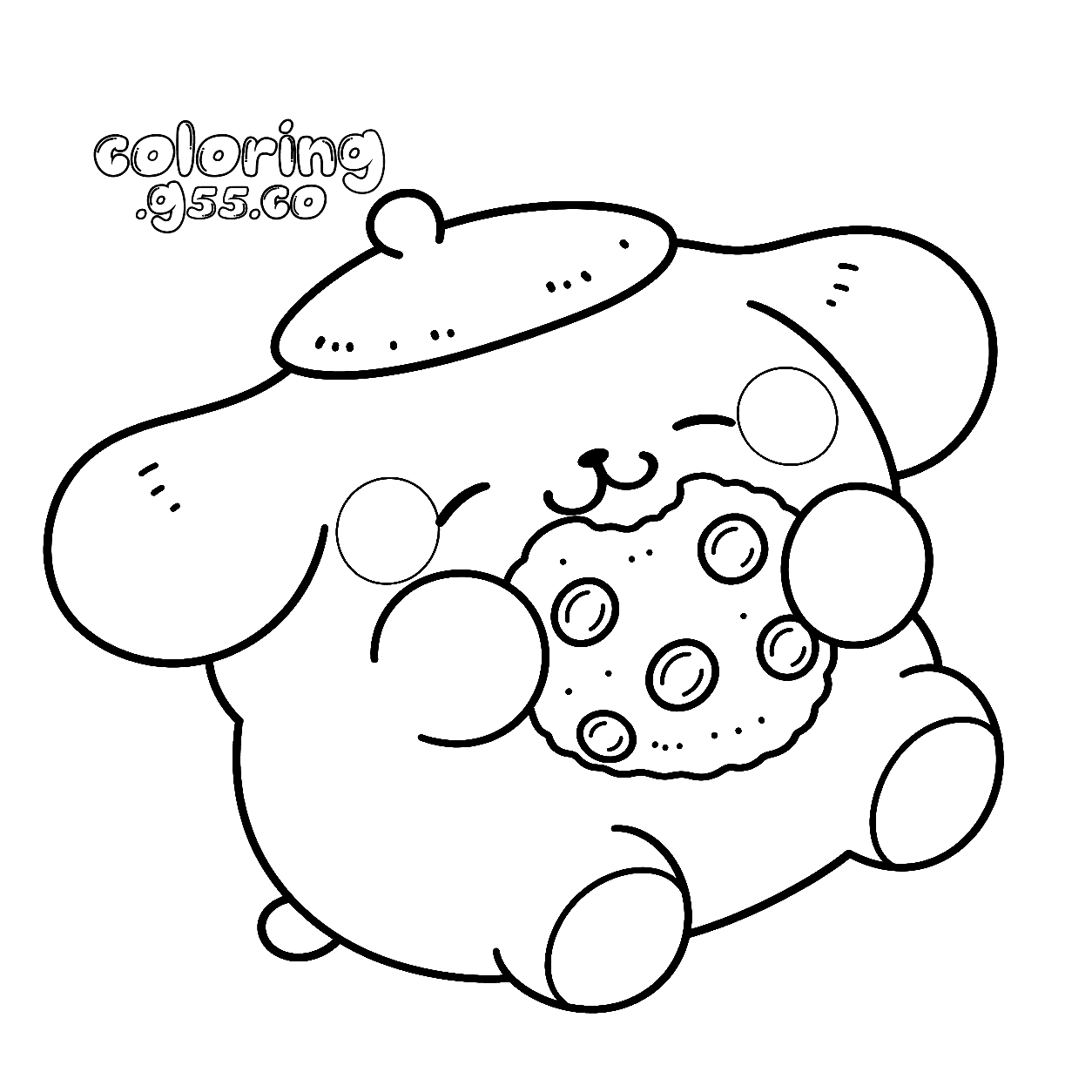 hello kitty friends pompompurin eating chocolate chip cookie line art for kids