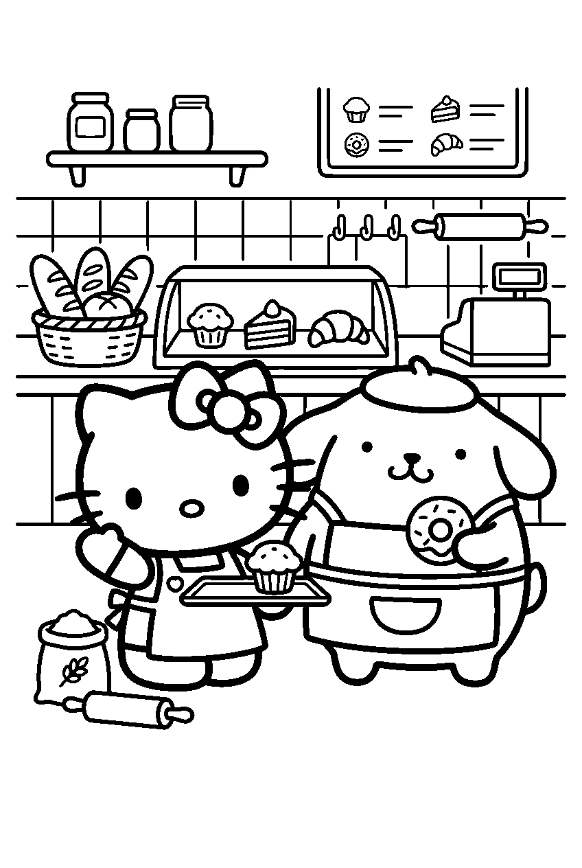 hello kitty pompompurin in bakery line art