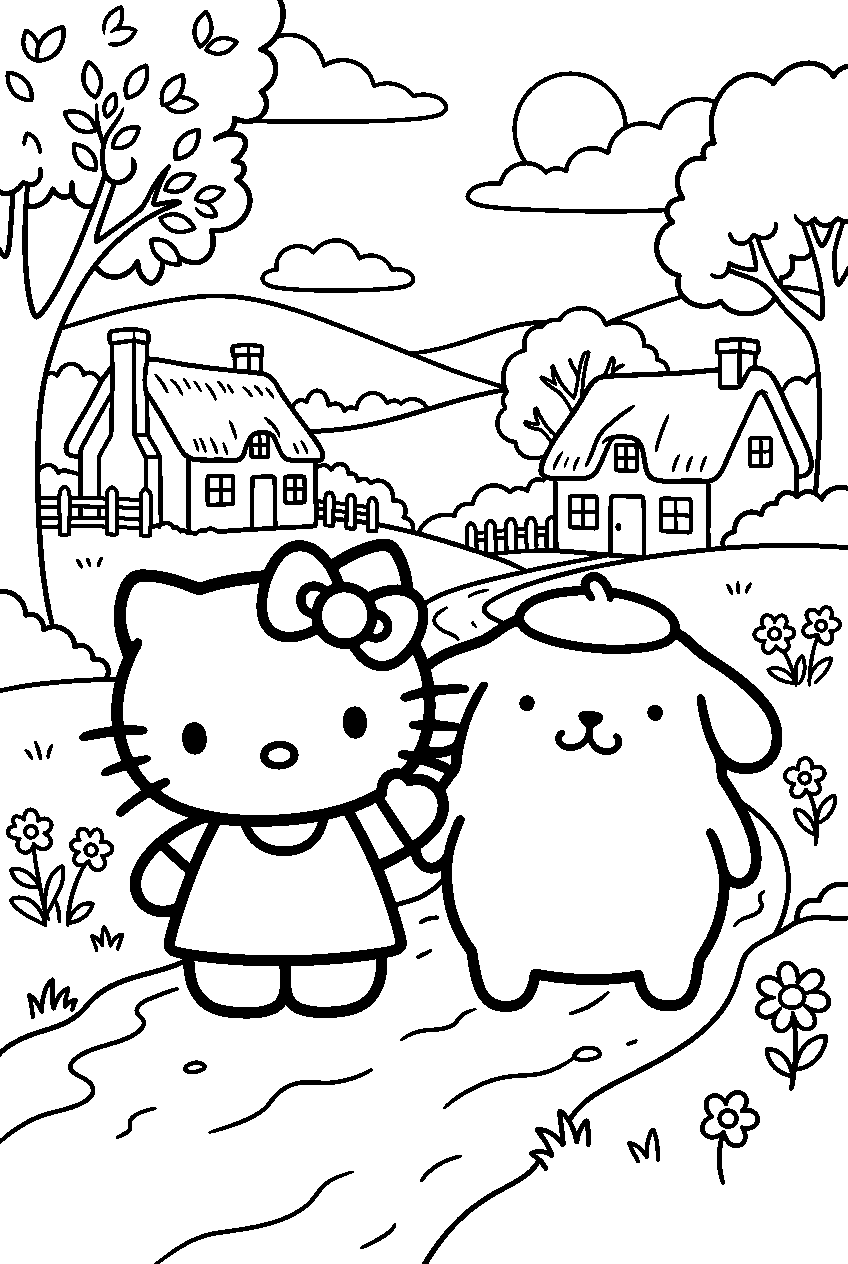 hello kitty pompompurin in countryside village line art