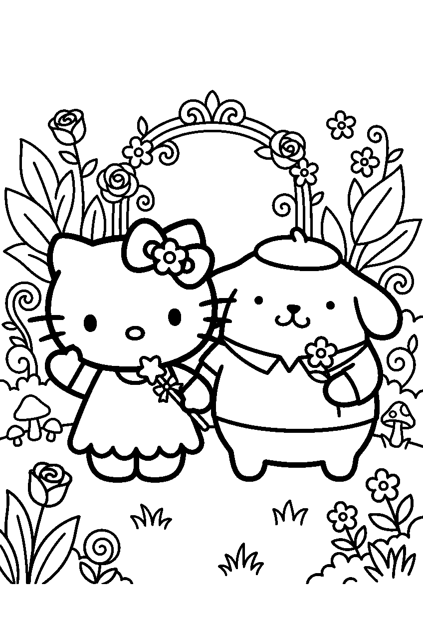 hello kitty pompompurin in enchanted garden line art