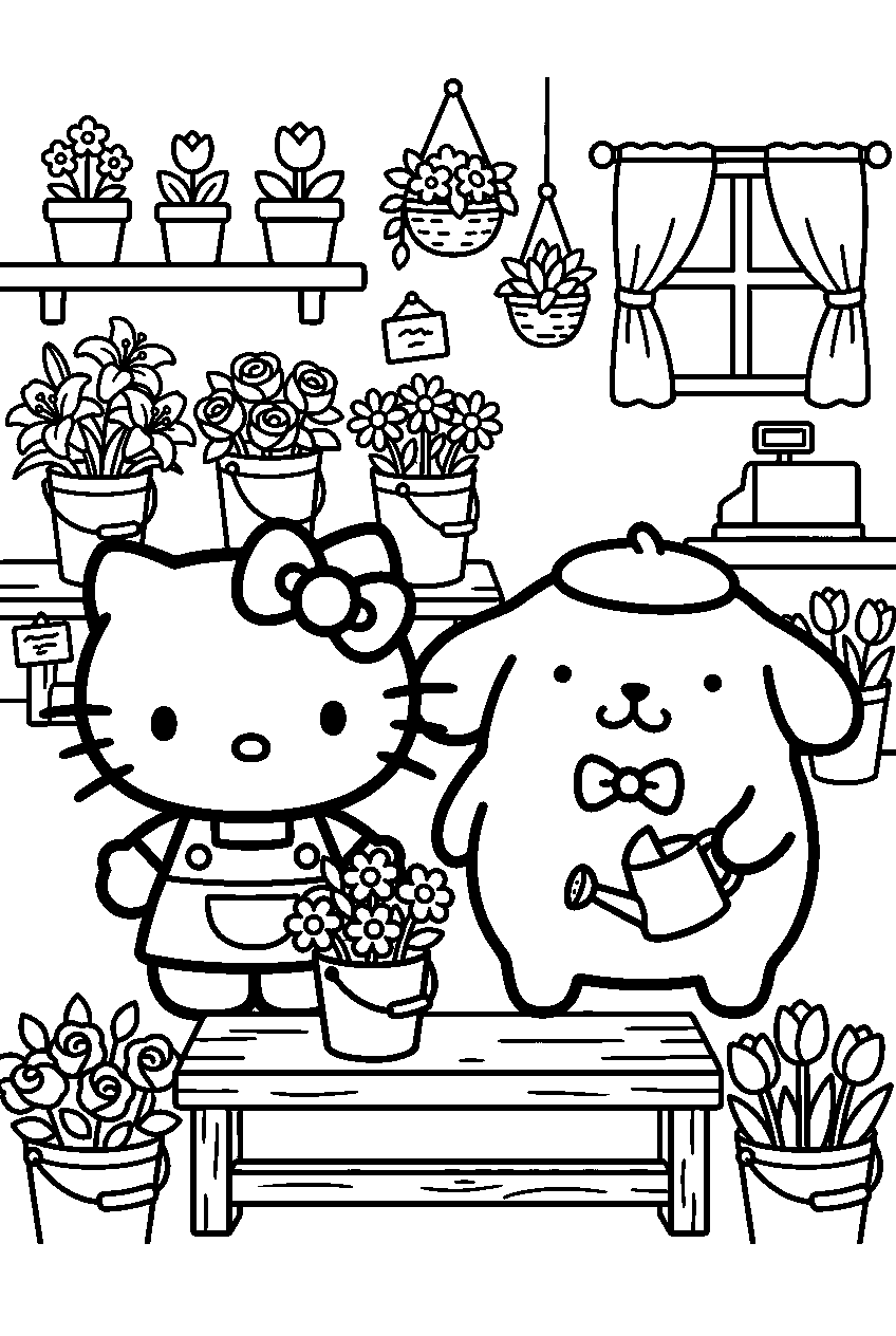 hello kitty pompompurin in flower shop line art