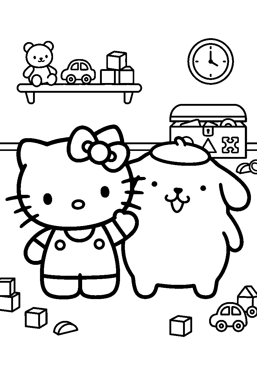 hello kitty pompompurin in toy room line art