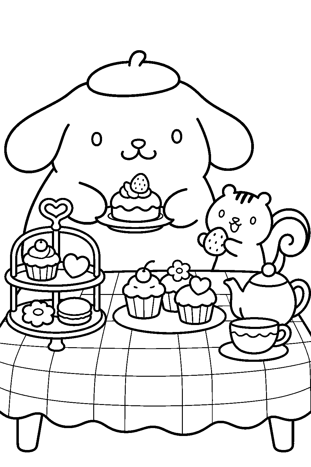 pompompurin and bagel the squirrel arranging sweets for a tea party line art