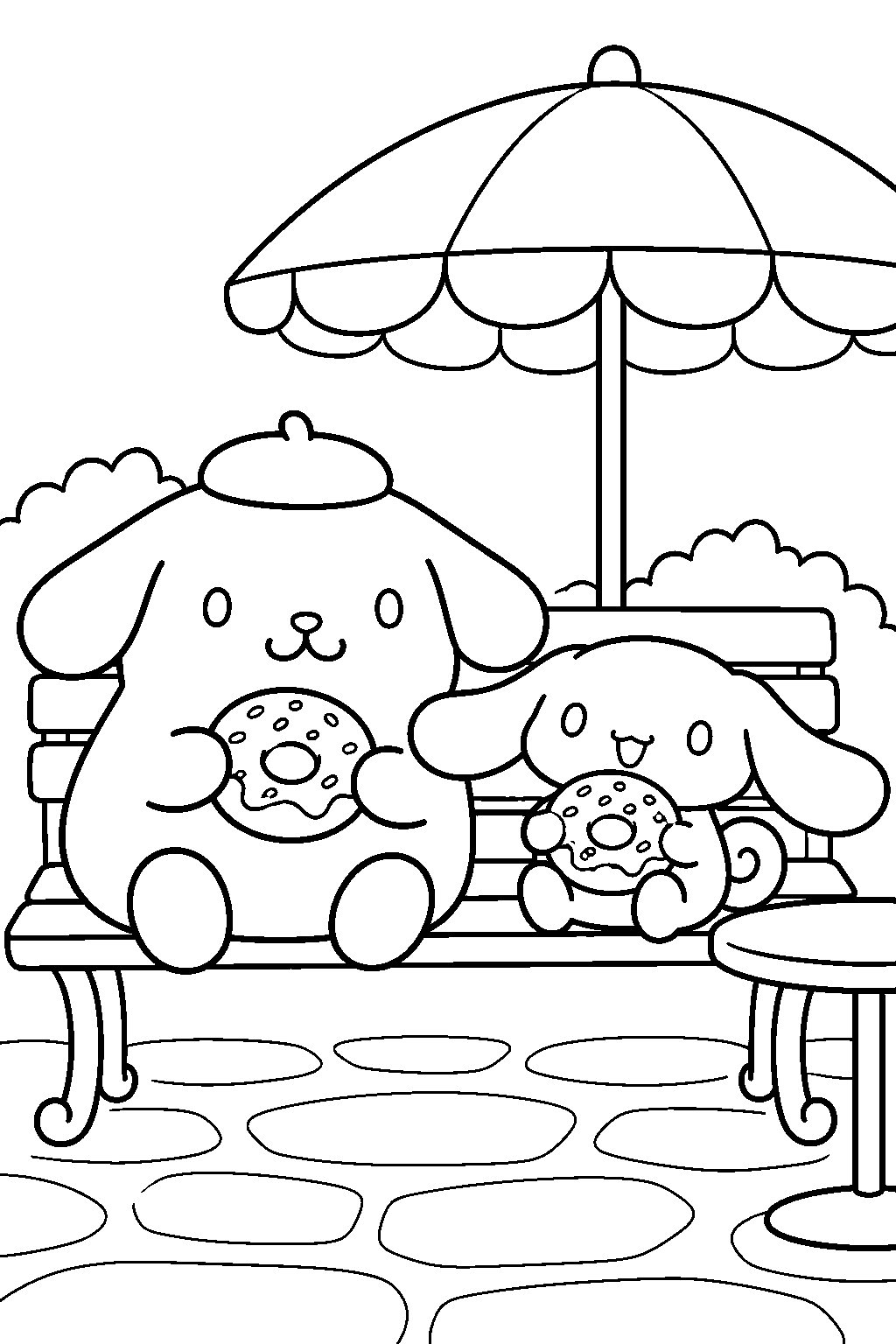 pompompurin and cinnamoroll sharing doughnuts on a cafe bench line art