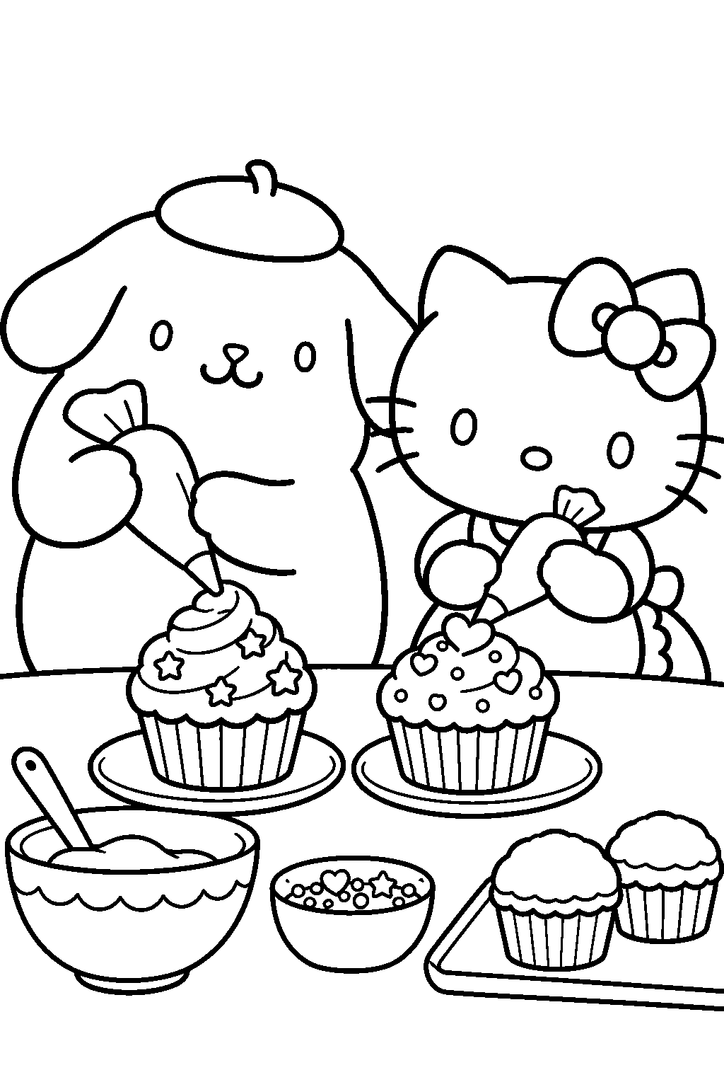 pompompurin and hello kitty decorating cupcakes together line art