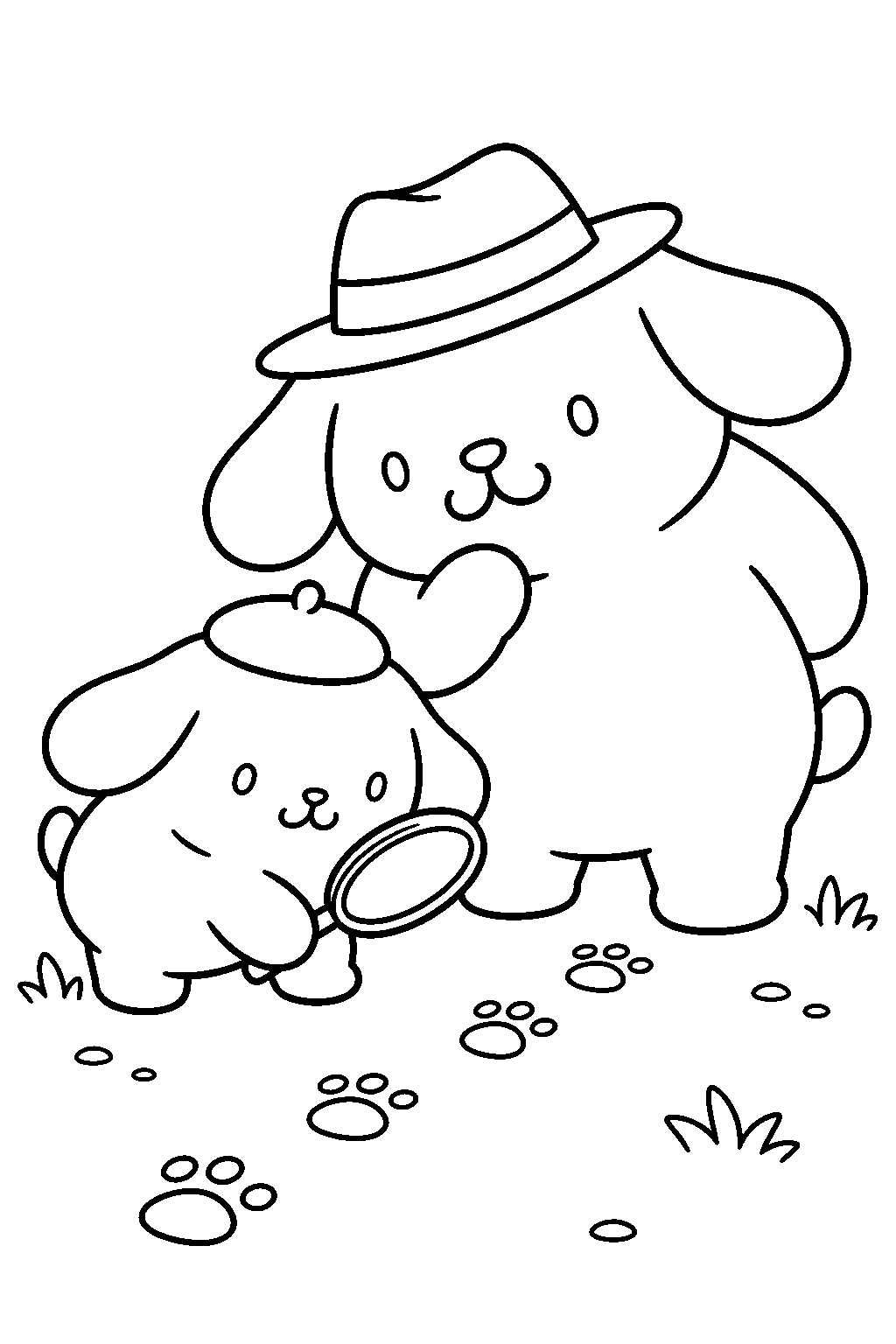 pompompurin and his father examining footprints with a magnifying glass line art