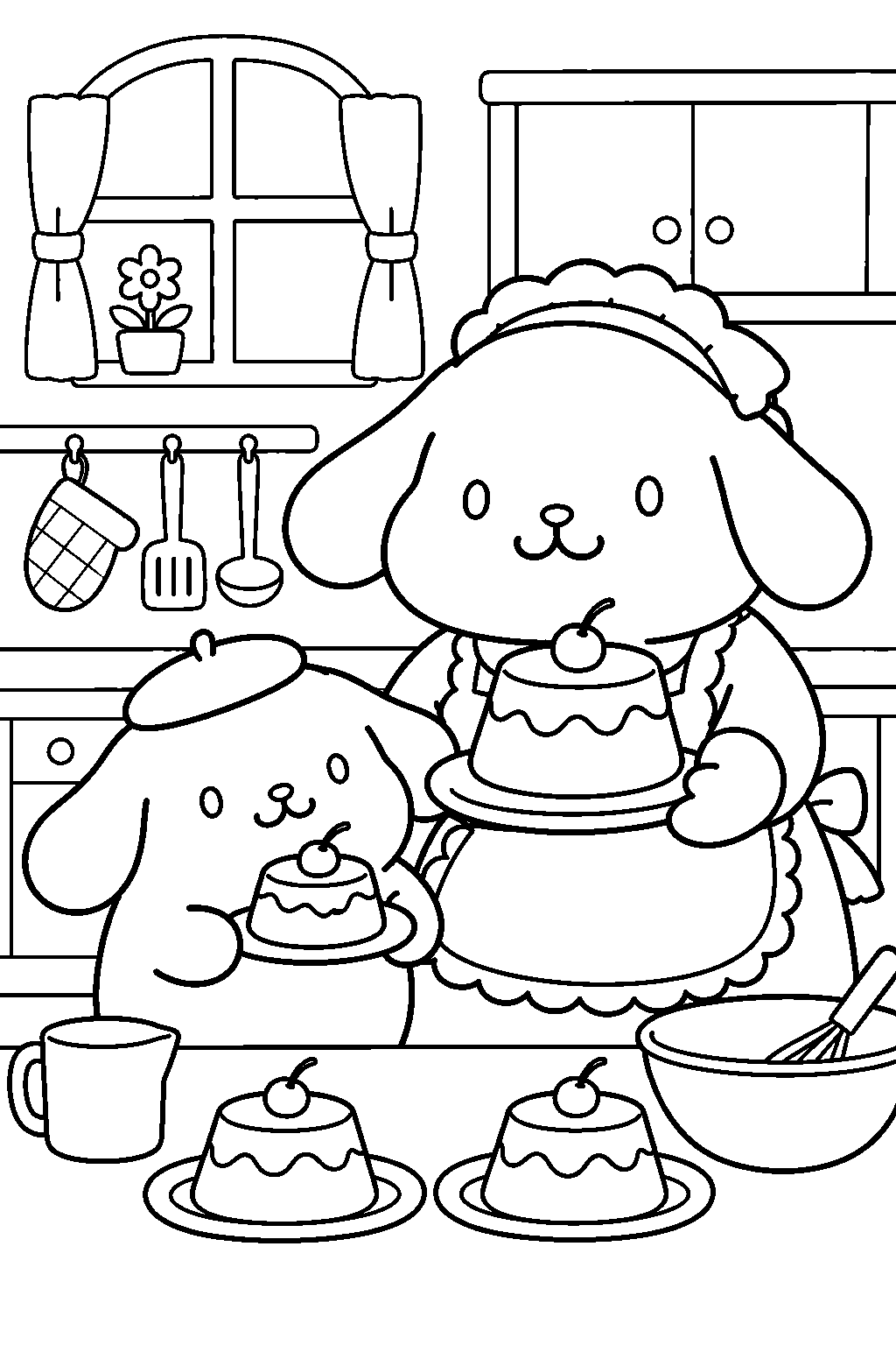 pompompurin and his mother serving pudding in the family kitchen line art