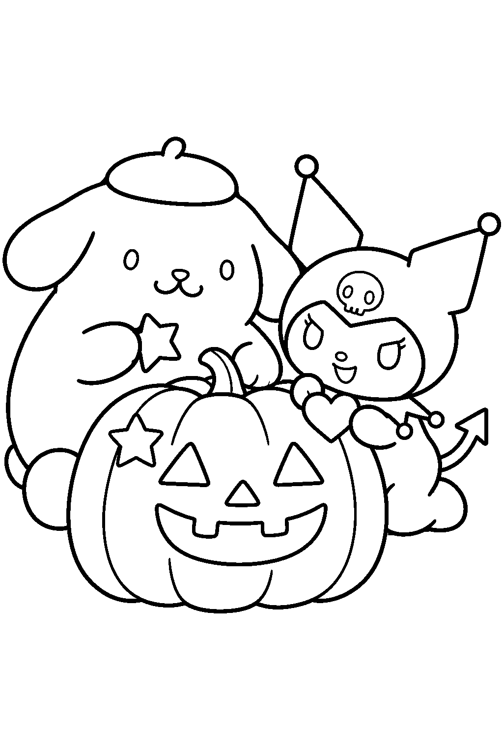 pompompurin and kuromi decorating a halloween pumpkin line art