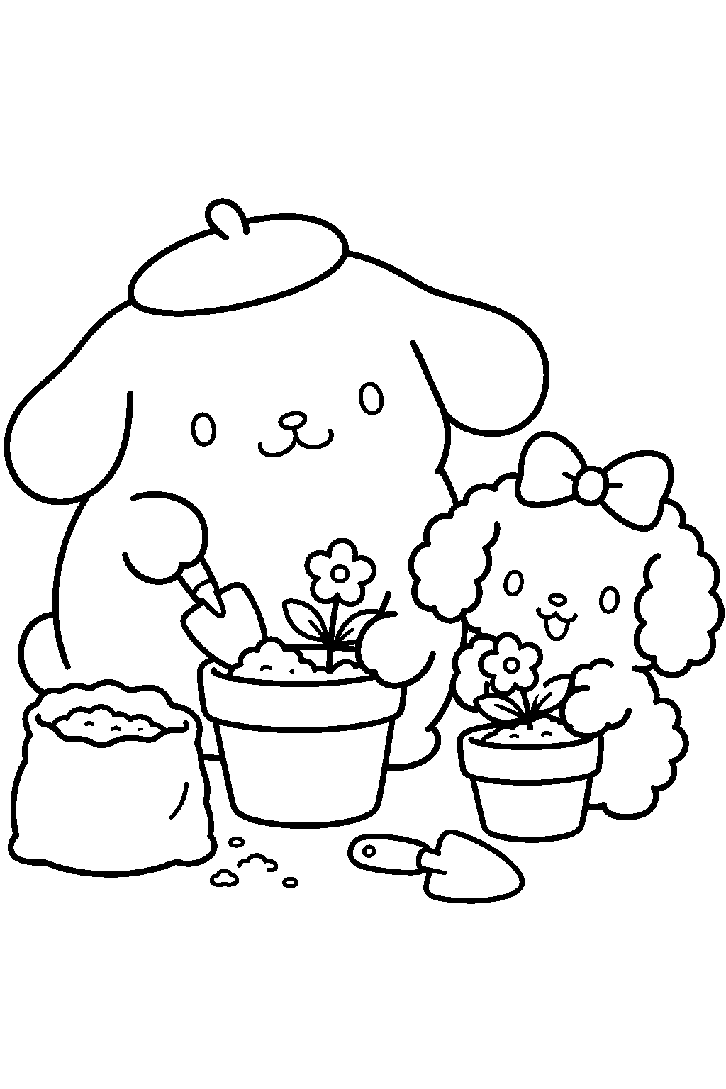 pompompurin and macaroon planting flowers in small pots line art