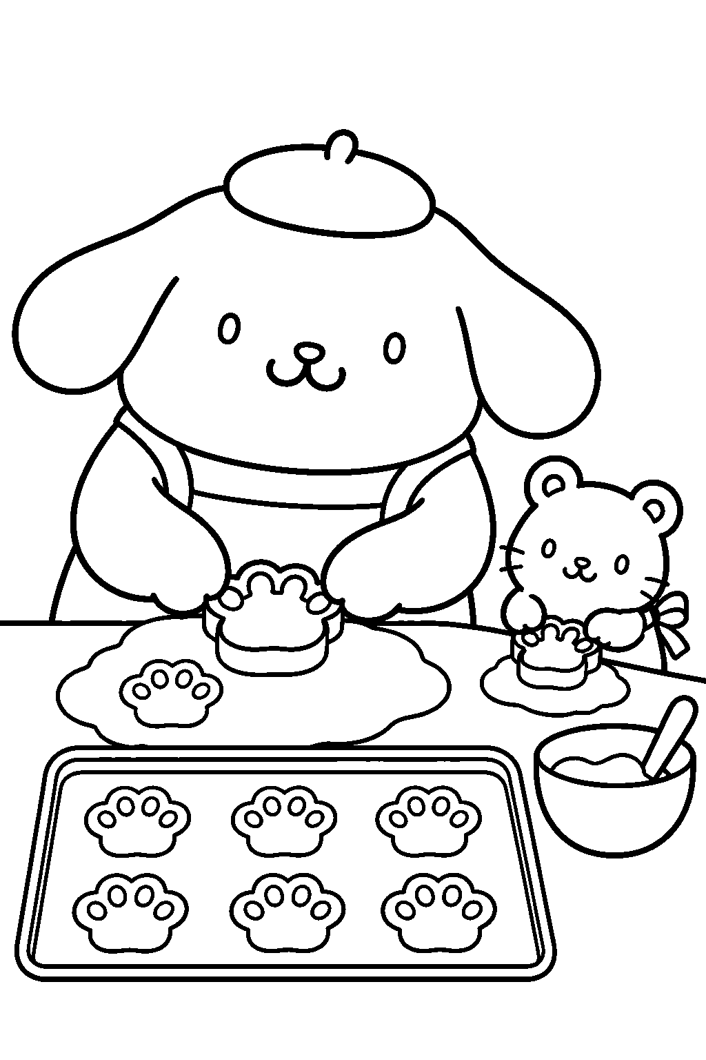 pompompurin and muffin the hamster baking paw shaped cookies line art