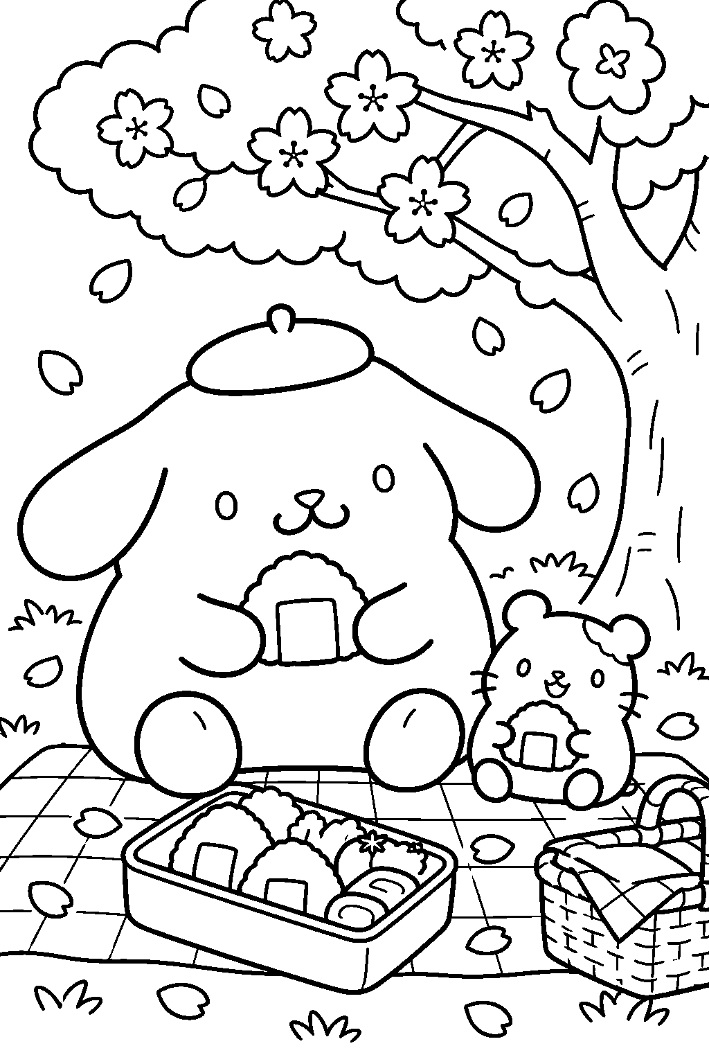 pompompurin and muffin the hamster having a picnic under a cherry tree line art