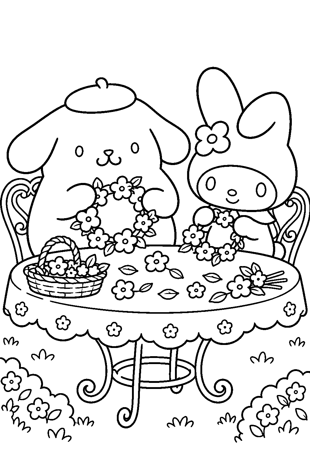 pompompurin and my melody making flower wreaths at a garden table line art