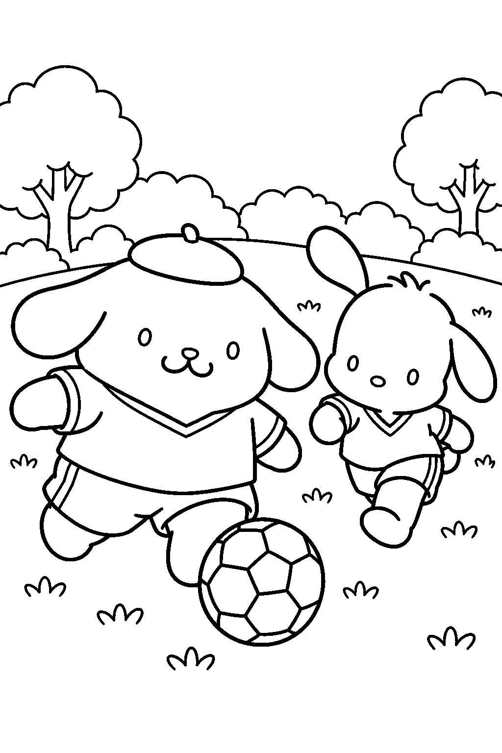 pompompurin and pochacco playing soccer in the park line art