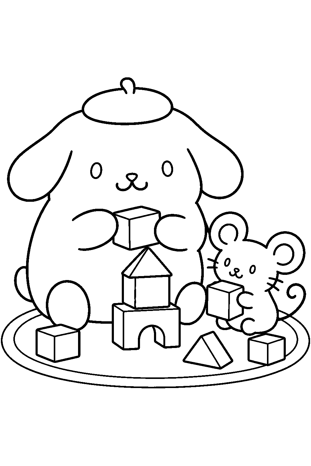pompompurin and scone the mouse stacking toy blocks on a rug line art