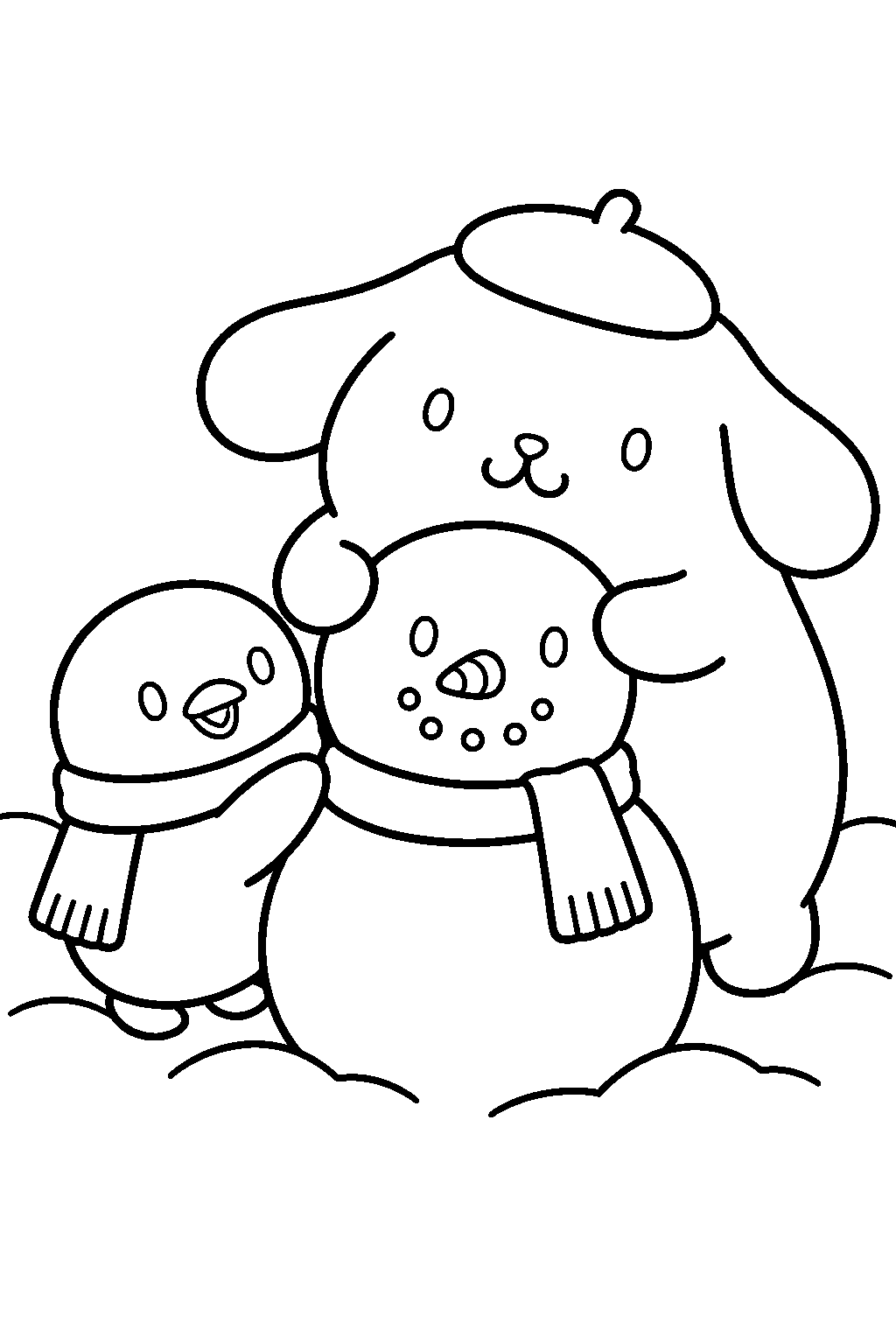 pompompurin and whip the penguin building a snowman line art