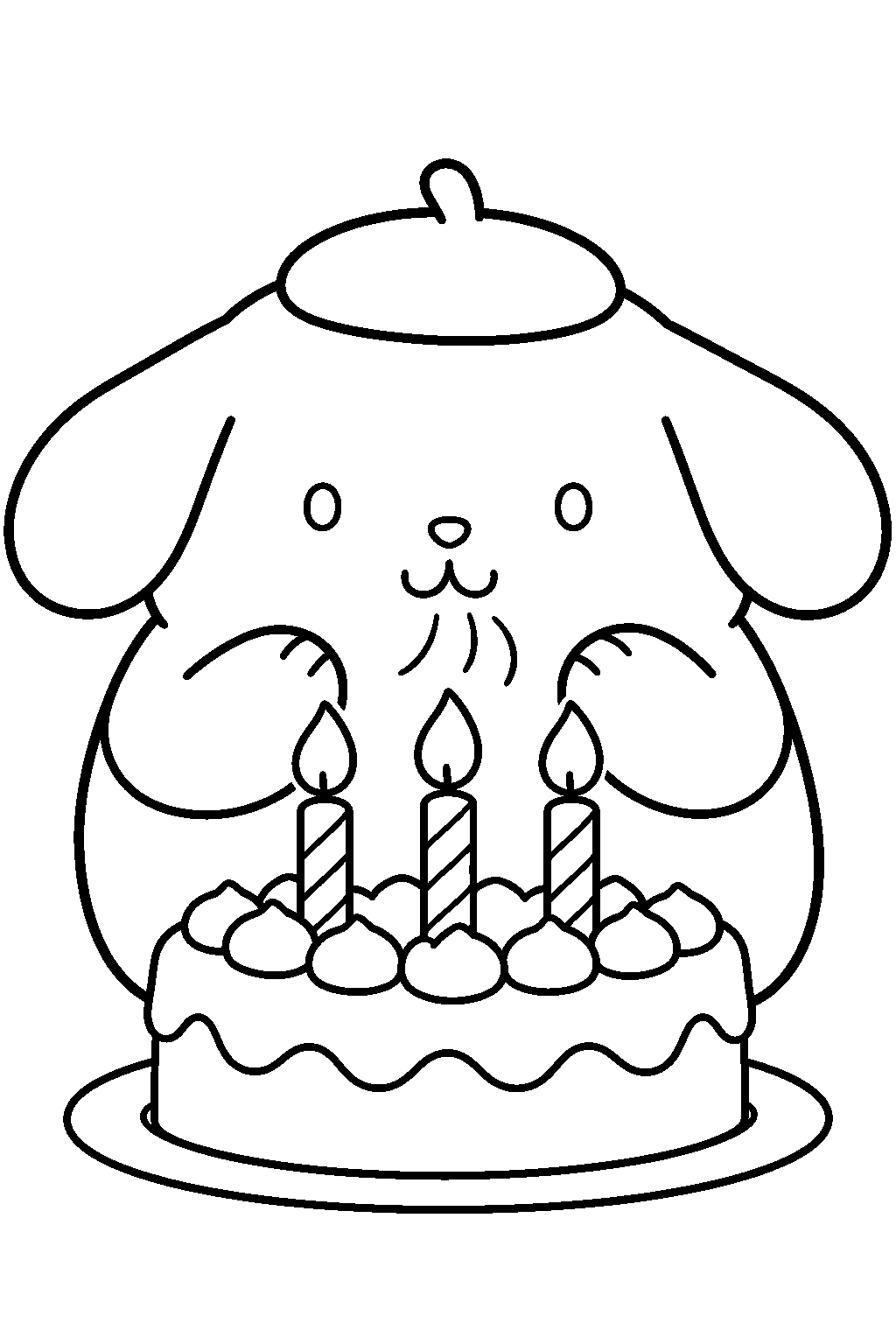 pompompurin blowing out candles on his birthday cake line art
