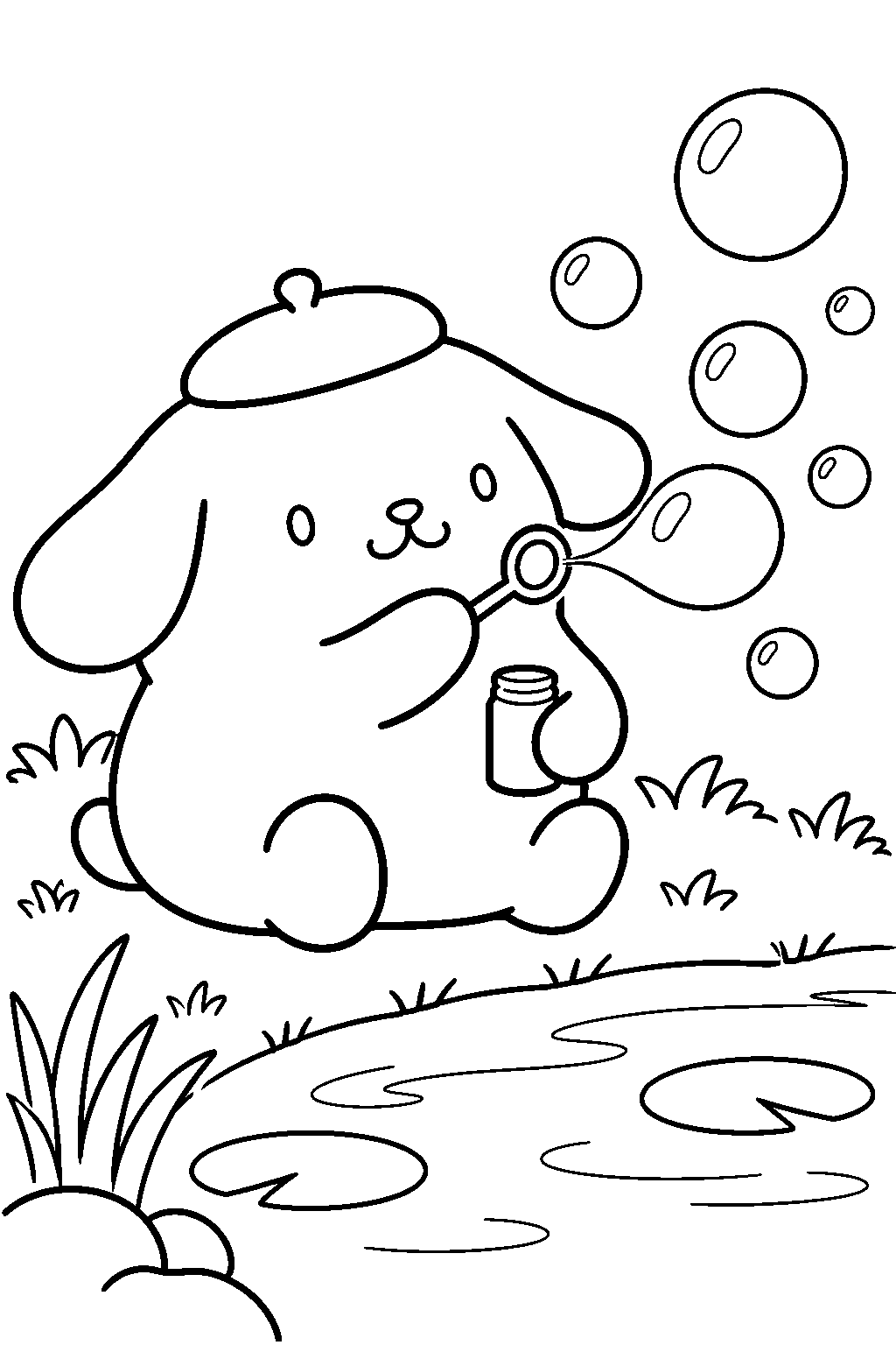 pompompurin blowing soap bubbles beside a pond line art